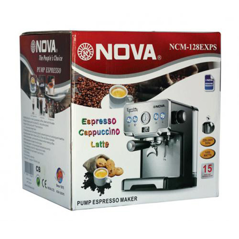 اسپرسوساز 1700 میلیلیتری نوا مدل NOVA NCM-128EXPS، مناسب تهیه اسپرسو، کافه لاته، موکا، کاپوچینو و ماکیاتو، دارای 1 عدد نازل قهوه، سیستم گرم کردن فنجان