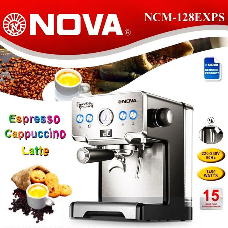 اسپرسوساز 1700 میلیلیتری نوا مدل NOVA NCM-128EXPS، مناسب تهیه اسپرسو، کافه لاته، موکا، کاپوچینو و ماکیاتو، دارای 1 عدد نازل قهوه، سیستم گرم کردن فنجان