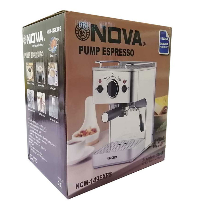 اسپرسوساز خانگی 1200 میلیلیتری نوا مدل NCM-149EXPF، با مصرف پودر قهوه، مناسب تهیه اسپرسو، کافه لاته، موکا و کاپوچینو، دارای 1 عدد نازل قهوه، سینی چکه گیر، حالت آماده به کار