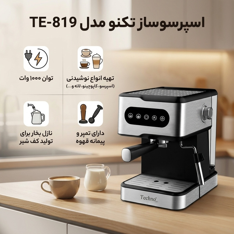 اسپرسوساز خانگی 1500 میلیلیتری تکنو مدل TE-819، با مصرف پودر قهوه، مناسب تهیه اسپرسو، کافه لاته، موکا، کاپوچینو، ماکیاتو، ریسترتو، لانگو، امریکانو، کافه اوله، فلت وایت و فرانسه، دارای 1 عدد نازل قهوه، حالت آماده به کار، سینی چکه گیر