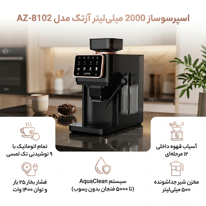 اسپرسوساز تمام اتوماتیک آزتک مدل A-8102 با فشار بخار 25 بار، آسیاب قهوه 12 مرحلهای، نمایشگر LCD و مخزن آب 2 لیتری