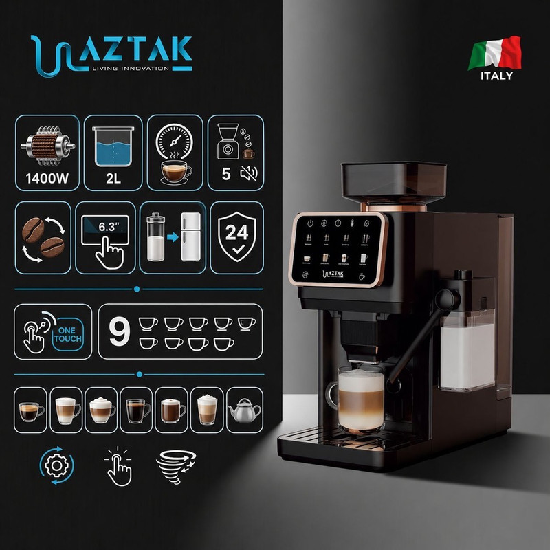 اسپرسوساز تمام اتوماتیک آزتک مدل A-8102 با فشار بخار 25 بار، آسیاب قهوه 12 مرحلهای، نمایشگر LCD و مخزن آب 2 لیتری