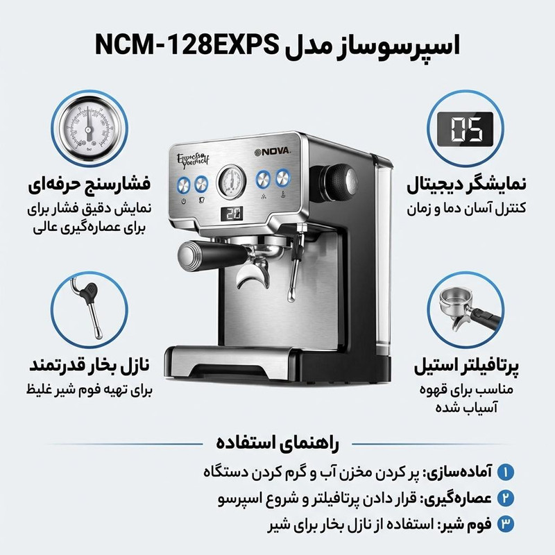 اسپرسوساز نیمه صنعتی 1700 میلیلیتری نوا مدل NCM-128EXPS، با مصرف پودر قهوه، مناسب تهیه اسپرسو، کاپوچینو و کافه لاته، دارای 1 عدد نازل قهوه، تنظیم میزان بخاردهی