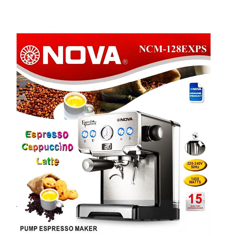 اسپرسوساز نیمه صنعتی 1700 میلیلیتری نوا مدل NCM-128EXPS، با مصرف پودر قهوه، مناسب تهیه اسپرسو، کاپوچینو و کافه لاته، دارای 1 عدد نازل قهوه، تنظیم میزان بخاردهی