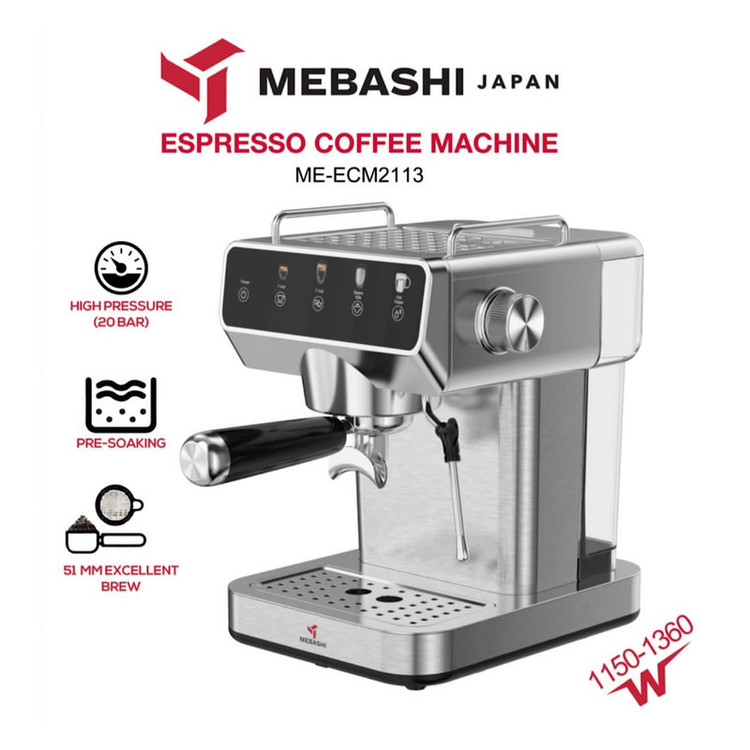 اسپرسو ساز خانگی 1.2 لیتری مباشی مدل ME-ECM2113، نیمه اتوماتیک با مصرف پودر قهوه، مناسب تهیه اسپرسو و کاپوچینو، دارای یک عدد نازل قهوه، تنظیم میزان بخاردهی