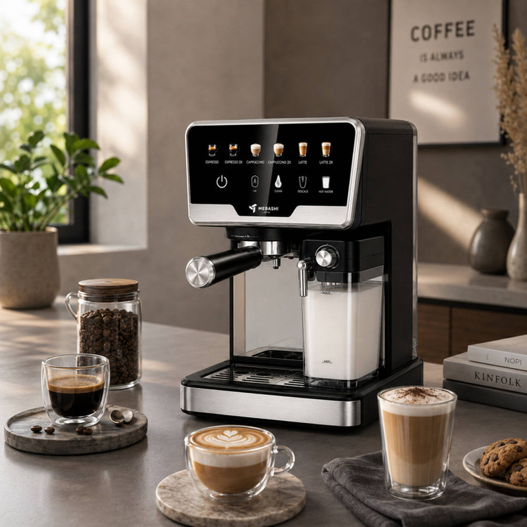 اسپرسوساز نیمهصنعتی 1700 میلیلیتری مباشی مدل ME-ECM2507 تماماتوماتیک با فشار بخار 20 بار و بدنه استیل و پلاستیک