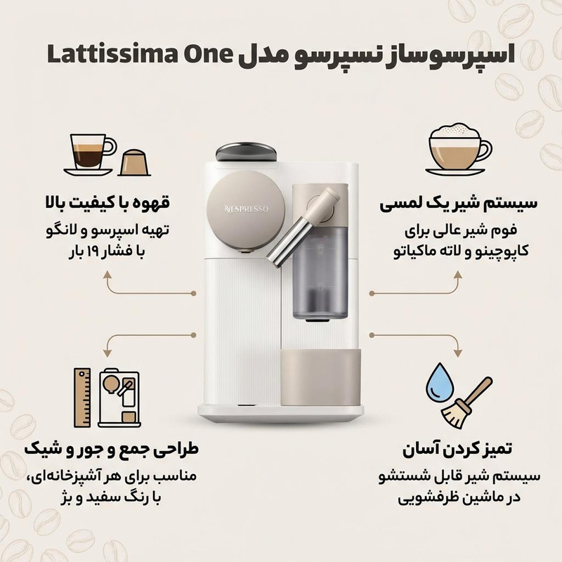 اسپرسوساز 1000 میلیلیتری نسپرسو مدل Lattissima one، با مصرف کپسول قهوه، مناسب تهیه اسپرسو، لانگو، کافه لاته و کاپوچینو