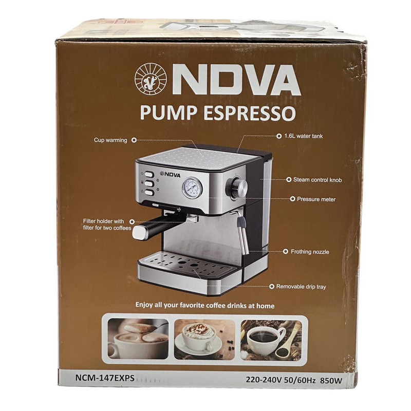 اسپرسوساز 1600 میلیلیتری نوا مدل NCM-147EXPS، با مصرف پودر قهوه، مناسب تهیه اسپرسو، کافه لاته، موکا و کاپوچینو، دارای 1 عدد نازل قهوه، تنظیم میزان بخاردهی، سیستم گرم کردن فنجان