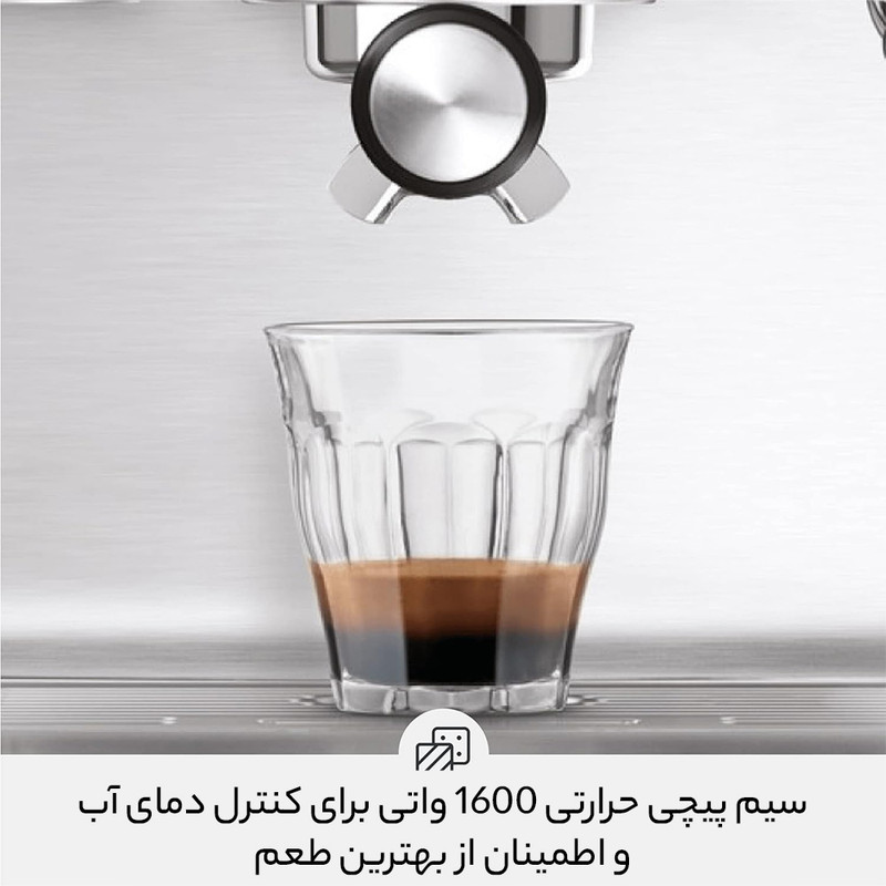 اسپرسوساز خانگی 1800 میلیلیتری سیج مدل Duo Temp Pro، با مصرف پودر قهوه، مناسب تهیه اسپرسو، کافه لاته، کاپوچینو، امریکانو و فلت وایت، دارای 2 عدد نازل قهوه، سیستم گرم کردن فنجان