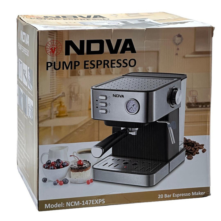 اسپرسوساز 1600 میلیلیتری نوا مدل NCM-147EXPS، با مصرف پودر قهوه، مناسب تهیه اسپرسو، کافه لاته، موکا و کاپوچینو، دارای 1 عدد نازل قهوه، سیستم گرم کردن فنجان