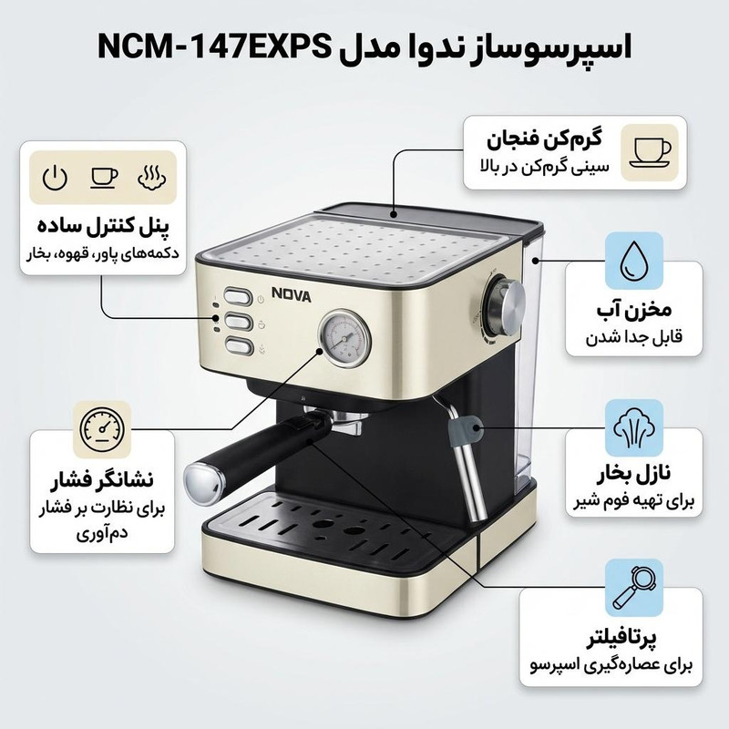 اسپرسوساز 1600 میلیلیتری نوا مدل NCM-147EXPS، با مصرف پودر قهوه، مناسب تهیه اسپرسو، کافه لاته، موکا و کاپوچینو، دارای 1 عدد نازل قهوه، سیستم گرم کردن فنجان