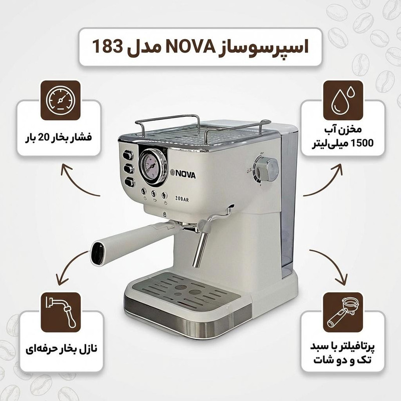 اسپرسوساز نوا مدل 3-8-1، مناسب تهیه اسپرسو، کافه لاته و کاپوچینو، دارای 1 عدد نازل قهوه، حالت آماده به کار، سیستم گرم کردن فنجان