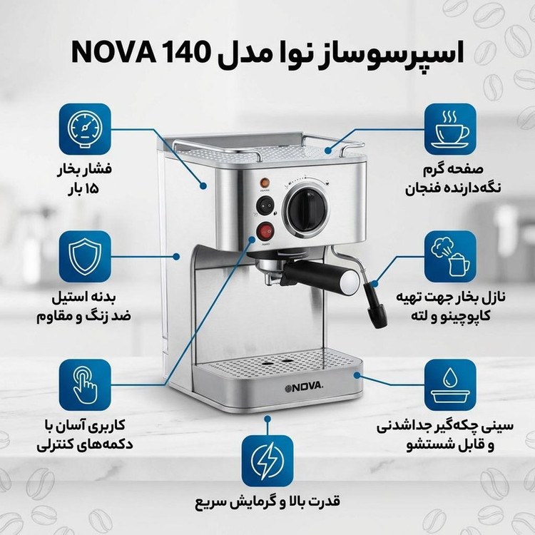 اسپرسوساز خانگی نوا مدل NOVA 140، با مصرف پودر قهوه، مناسب تهیه اسپرسو، کافه لاته و کاپوچینو، دارای 1 عدد نازل قهوه، تنظیم میزان بخاردهی، سیستم گرم کردن فنجان