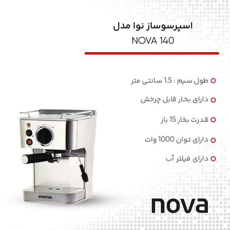 اسپرسوساز خانگی نوا مدل NOVA 140، با مصرف پودر قهوه، مناسب تهیه اسپرسو، کافه لاته و کاپوچینو، دارای 1 عدد نازل قهوه، تنظیم میزان بخاردهی، سیستم گرم کردن فنجان