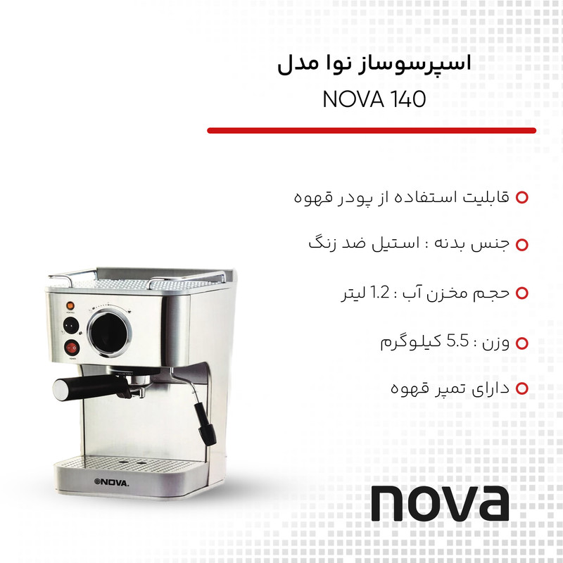 اسپرسوساز خانگی نوا مدل NOVA 140، با مصرف پودر قهوه، مناسب تهیه اسپرسو، کافه لاته و کاپوچینو، دارای 1 عدد نازل قهوه، تنظیم میزان بخاردهی، سیستم گرم کردن فنجان