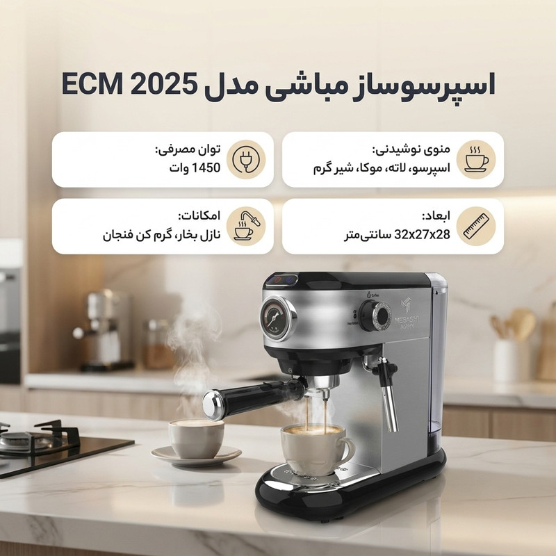 اسپرسوساز خانگی 1250 میلیلیتری مباشی مدل ECM 2025، با مصرف پودر قهوه، مناسب تهیه اسپرسو، کافه لاته و موکا، دارای 2 عدد نازل قهوه، سیستم گرم کردن فنجان، سینی چکه گیر، تنظیم میزان بخاردهی