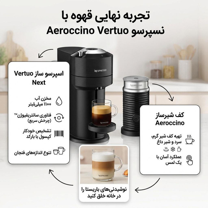 اسپرسوساز نیمه صنعتی 1100 میلیلیتری نسپرسو مدل Vertuo Next، با مصرف کپسول قهوه، مناسب تهیه اسپرسو، کاپوچینو، ریسترتو، لانگو، کافه لاته و ماکیاتو، دارای 1 عدد نازل قهوه، اتصال به موبایل از طریق اپلیکیشن، سینی چکه گیر، به همراه کف شیرساز نسپرسو