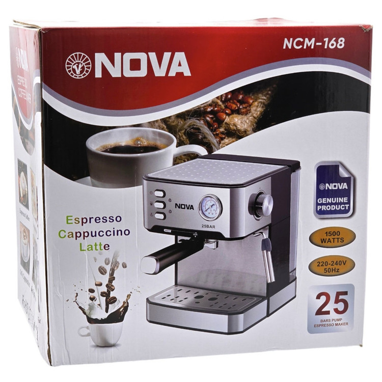 اسپرسوساز 1600 میلیلیتری نوا مدل NCM-168، با مصرف پودر قهوه، مناسب تهیه اسپرسو، کاپوچینو و کافه لاته، دارای 1 عدد نازل قهوه، حالت آماده به کار، سیستم گرم کردن فنجان، سینی چکه گیر
