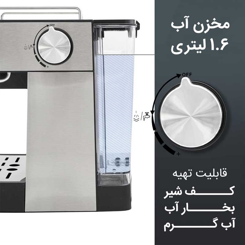 اسپرسوساز 1600 میلیلیتری گوسونیک مدل GEM-872، با مصرف پودر قهوه، مناسب تهیه اسپرسو، کافه لاته، موکا، کاپوچینو، لانگو و امریکانو، سینی چکه گیر، سیستم گرم کردن فنجان