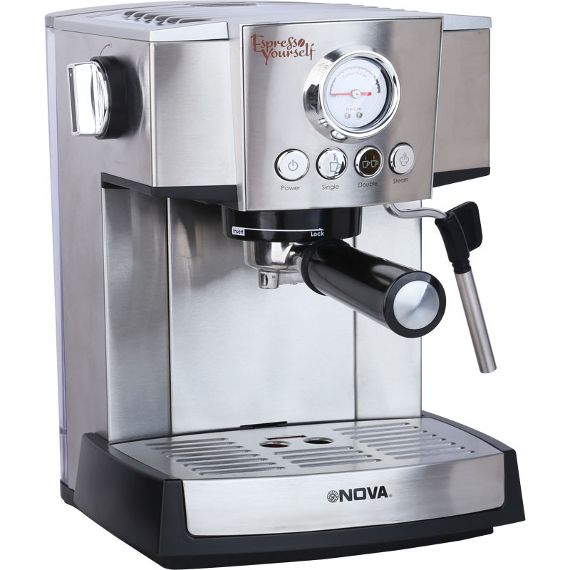 اسپرسوساز 1500 میلی‌لیتری نوا مدل NCM-127EXPS، با مصرف پودر قهوه، مناسب تهیه اسپرسو، کافه لاته، موکا، کاپوچینو و ماکیاتو، دارای سیستم گرم کردن فنجان