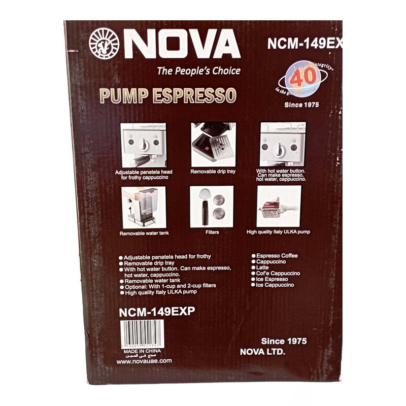 اسپرسوساز 1200 میلیلیتری نوا مدل NCM-149، با مصرف پودر و پد قهوه، مناسب تهیه اسپرسو، کاپوچینو، کافه لاته و موکا، دارای 2 عدد نازل قهوه، حالت آماده به کار، سیستم گرم کردن فنجان