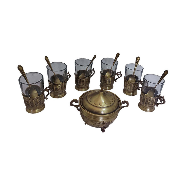 سرویس چایخوری 19 پارچه برنجی مدل قلم زنی کد 554