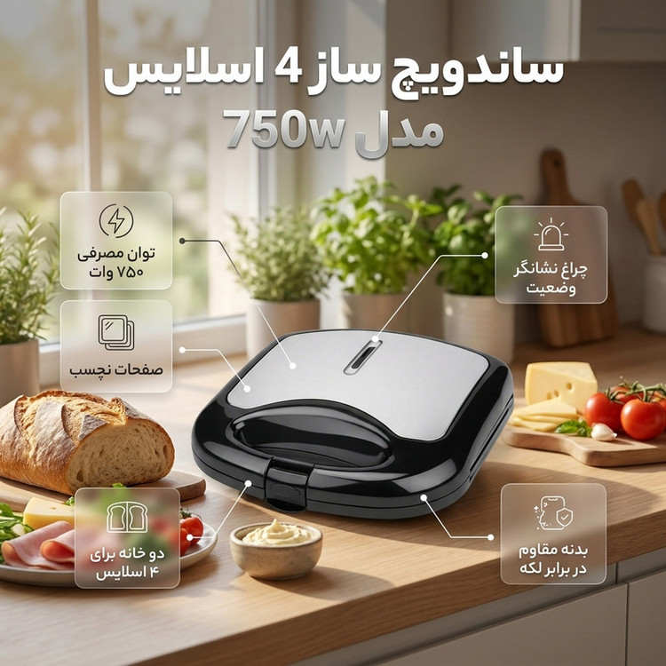 ساندویچ ساز 4 خانه مدل 750w