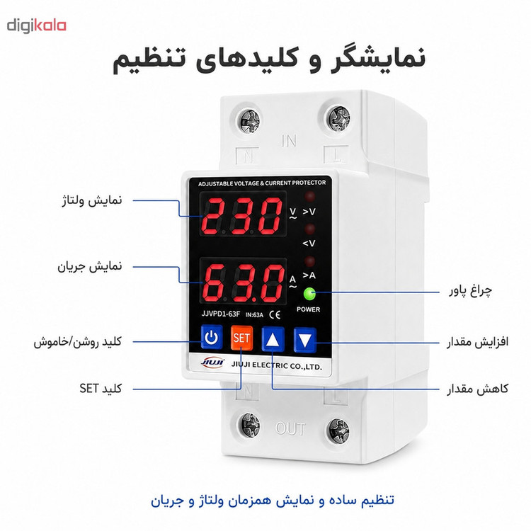 محافظ ولتاژ تکفاز 63 آمپر جیوجی مدل JIUJI_JJVPD1_63F