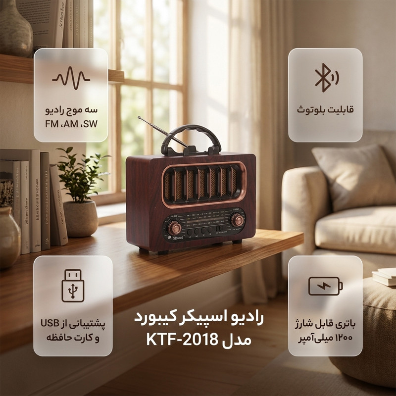 رادیو اسپیکر کیبورد مدل KTF-2018 با قابلیت بلوتوث و سه موج رادیو FM، AM و SW