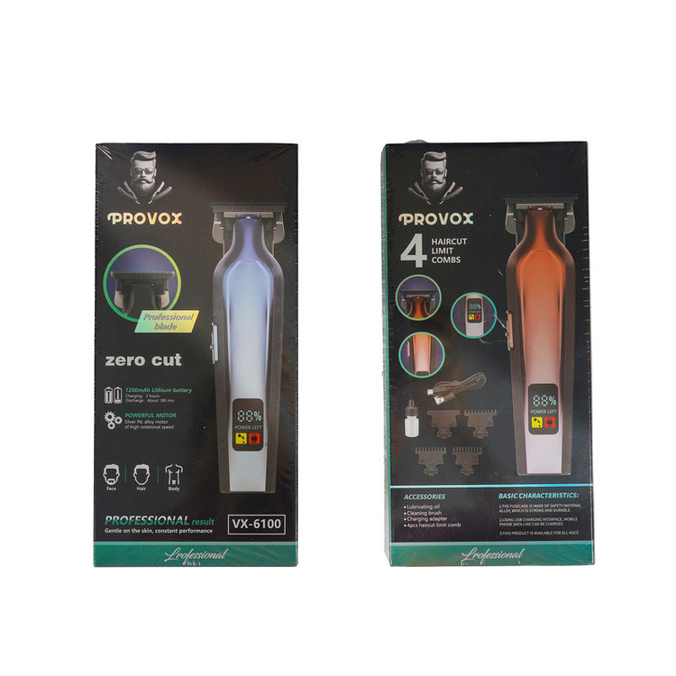 ماشین اصلاح موی صورت شارژی پرو وکس مدل VX-6100 با تیغه استیل ضد زنگ، قابلیت تنظیم سرعت، نمایشگر میزان شارژ، طراحی ارگونومیک، باتری قابل شارژ، پورت تایپ سی، همراه با سری یدک، روغن، برس تمیزکننده و شانه