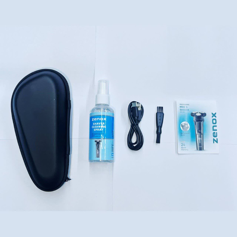 ماشین اصلاح موی صورت شارژی زیناکس مدل ZX-326 با 90 تیغه استیل و تیتانیوم، موتور 11000 دور در دقیقه، ضدآب IPX7، باتری 2000 میلیآمپر ساعت، نمایشگر دیجیتال شارژ، قابلیت اصلاح خشک و مرطوب، همراه با سری شقیقه زن، موزن بینی و برس شستشو
