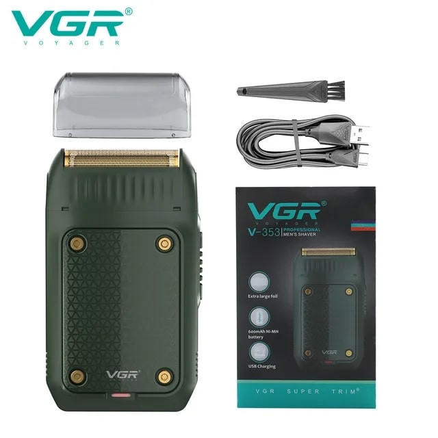 ماشین اصلاح موی صورت وی جی آر مدل V-353 با تیغه استیل پیشرفته، تکنولوژی فویلی، قابلیت اصلاح با شماره صفر، باتری 600 میلیآمپر ساعت و شارژر USB، طراحی ارگونومیک و سبک با برس تمیزکننده و محافظ