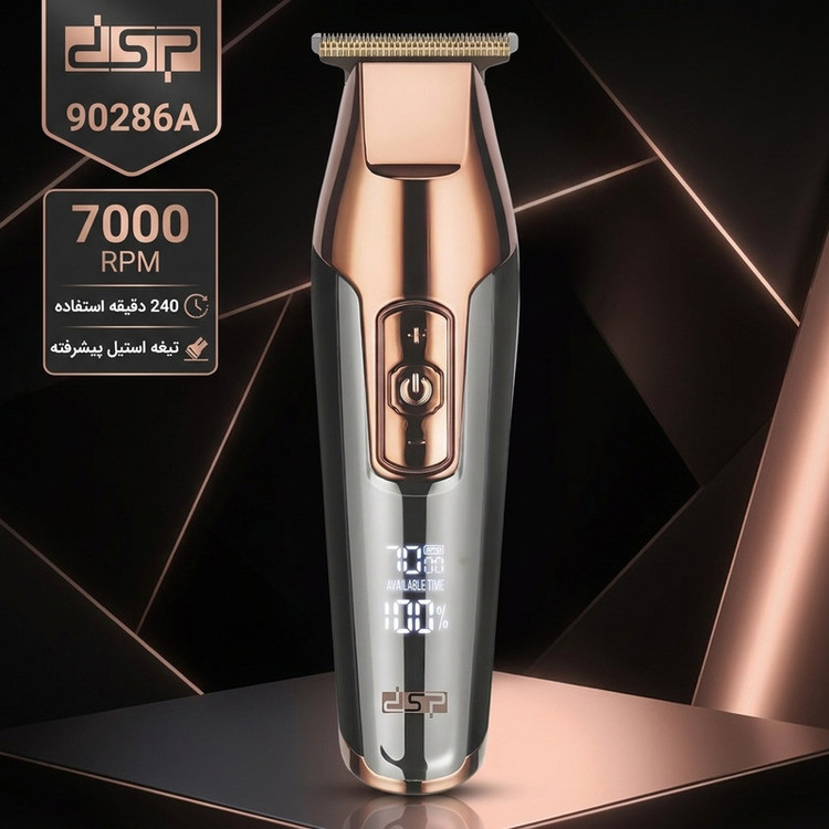 ماشین اصلاح موی سر و صورت دی اس پی مدل 90286A با تیغه استیل پیشرفته، قابلیت تنظیم سرعت تا 7000 دور در دقیقه، باتری شارژی با 240 دقیقه زمان استفاده، شانههای 1 تا 12 میلیمتر و کیف همراه