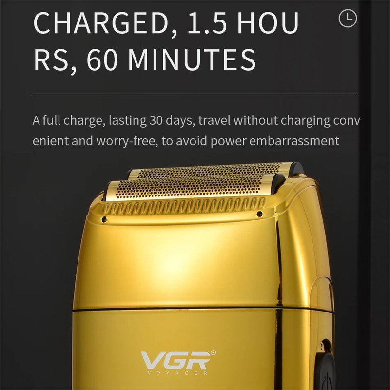 ماشین اصلاح موی صورت وی جی آر مدل V-399 با تیغه استیل پیشرفته، تکنولوژی شیو فویلی، باتری لیتیوم یونی 700mAh، استفاده خشک و مرطوب، شارژ سریع 180 دقیقه، عمر باتری 200 دقیقه، مقاوم در برابر آب و سبک