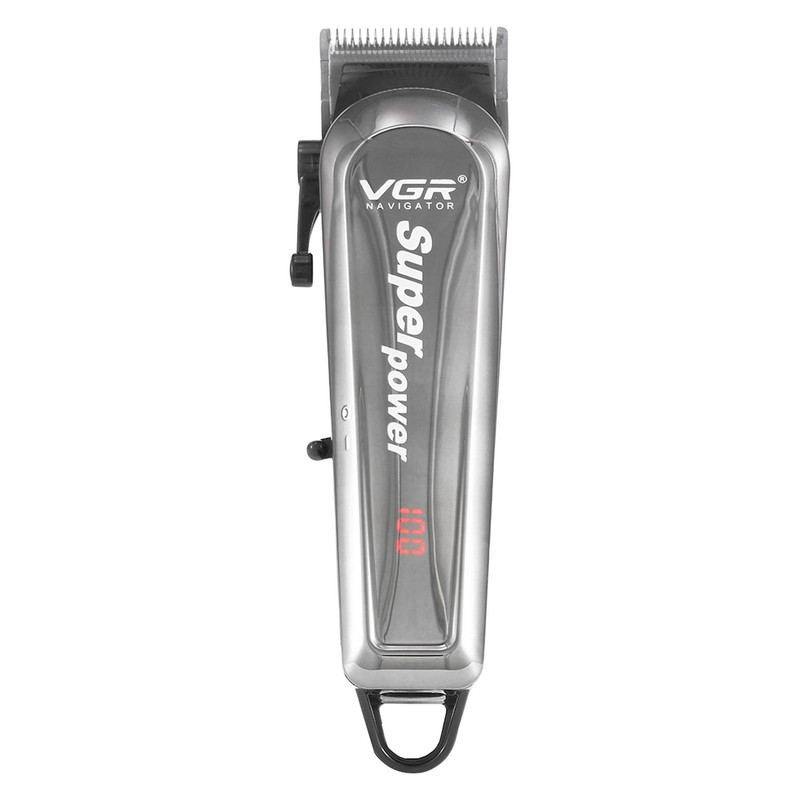 ماشین اصلاح موی سر و صورت وی جی ار مدل V-060 با تیغه تیتانیوم، اهرم تنظیم سایز اصلاح، طراحی ارگونومیک، منبع تغذیه کابل USB، نمایشگر LCD و مدت زمان استفاده 90 دقیقه