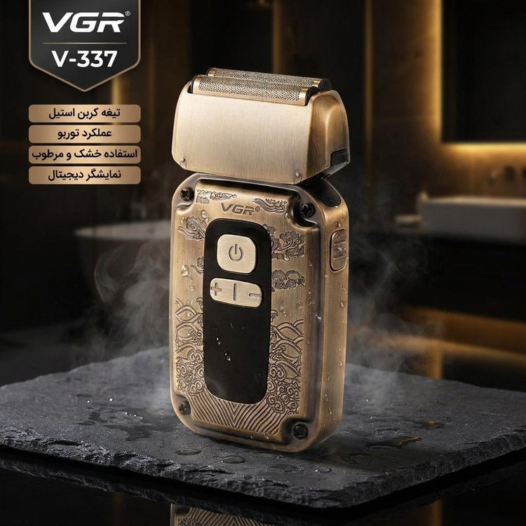 ماشین اصلاح موی صورت وی جی ار مدل V-337 با تیغه کربن استیل، عملکرد توربو، قابلیت تنظیم سرعت، استفاده خشک و مرطوب، اصلاح با شماره صفر، باتری لیتیومی 800 میلیآمپر، شارژ با کابل USB، نمایشگر میزان شارژ و سرعت موتور، دارای تیغه اضافی تریمر