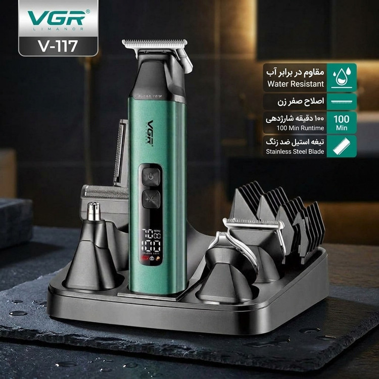 ماشین اصلاح موی صورت و بدن وی جی ار مدل V-117 با تیغه استیل ضد زنگ، شارژی با ظرفیت باتری 800 میلیآمپر ساعت، مقاوم در برابر آب، قابلیت اصلاح خشک و مرطوب و اصلاح با شماره صفر، زمان استفاده 100 دقیقه پس از شارژ کامل
