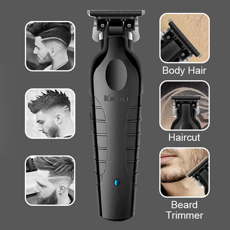 ماشین اصلاح مو سر و صورت کیمی مدل km-2299 شارژی با تیغه استیل پیشرفته، قابلیت صفر زن و خط زن، شارژ سریع 180 دقیقه و طراحی ارگونومیک به همراه تیغه یدک و محافظ تیغه