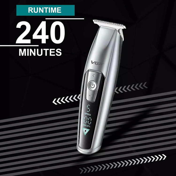 ماشین اصلاح موی سر و صورت وی جی ار مدل V-970 با تیغه استیل ضد زنگ، باتری قابل شارژ با 240 دقیقه استفاده، 5 سرعت قابل تنظیم، طراحی ارگونومیک و 3 شانه تنظیم طول 2، 3 و 4 میلیمتر
