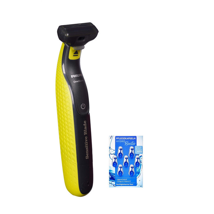 ماشین اصلاح موی صورت و بدن فیلیپس مدل OneBlade Sensitive با تیغه تیتانیوم پیشرفته، طراحی ارگونومیک، مقاوم در برابر آب، قابلیت اصلاح با شماره صفر، استفاده به صورت خشک و مرطوب