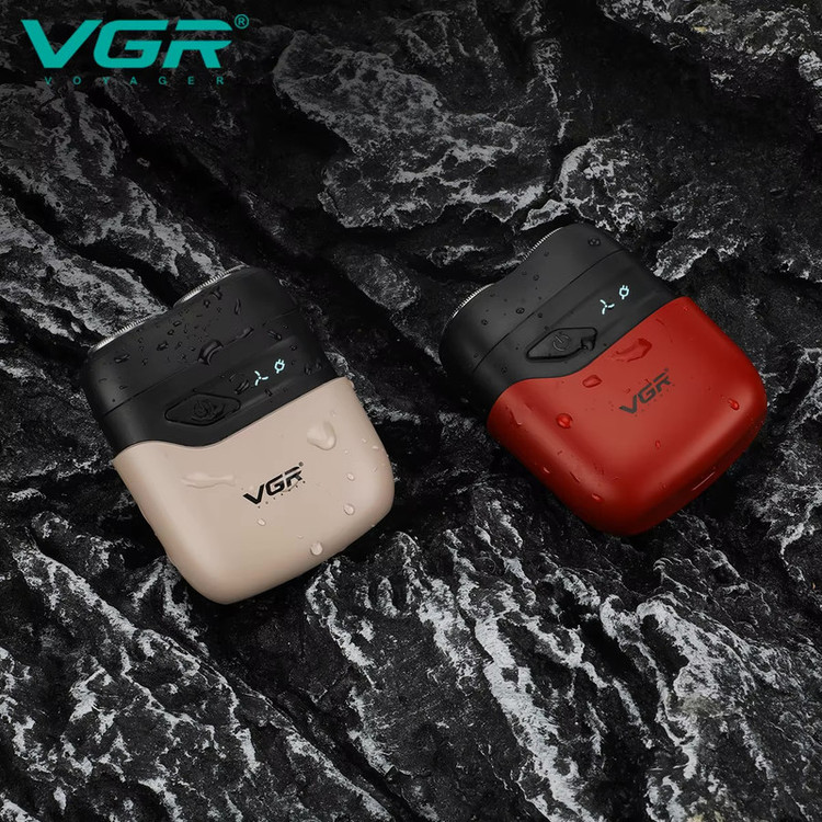 ماشین اصلاح موی صورت وی جی ار مدل v-345 با تیغه استیل ضد زنگ، صفرزن، ضدآب، طراحی ارگونومیک، شارژ سریع، باتری قابل شارژ، همراه با کابل USB، برس تمیزکننده و محافظ