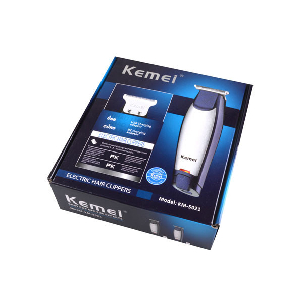 ماشین اصلاح موی سر و صورت و بدن کیمی مدل KM - 5021 با تیغه استیل ضد زنگ، برش مستقیم، اندازه اصلاح 0 تا 12 میلیمتر، منبع انرژی باتری، همراه با برس تمیزکننده، روغن، شانه و آداپتور