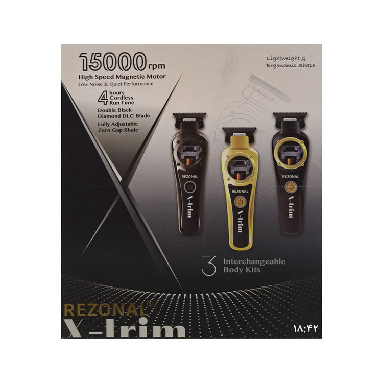 ماشین اصلاح موی صورت رزونال مدل X-Trim پلاس با تیغه کربن استیل 440C ژاپنی، صفرزن و خط زن، موتور هوشمند با تنظیم سرعت اتوماتیک، منبع انرژی برق و باتری، شارژ 70 دقیقه و استفاده 120 دقیقه