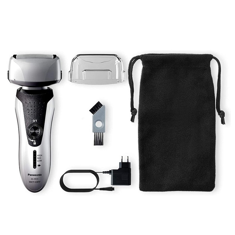 ماشین اصلاح موی صورت پاناسونیک مدل ES-RF31 با قابلیت اصلاح خشک و مرطوب، تنظیم خودکار سرعت موتور، چهار تیغه، حرکت سری در چند جهت، تیغه از آلیاژ نقره و استیل ضد زنگ، باتری قابل شارژ، مقاوم در برابر آب و لغزش