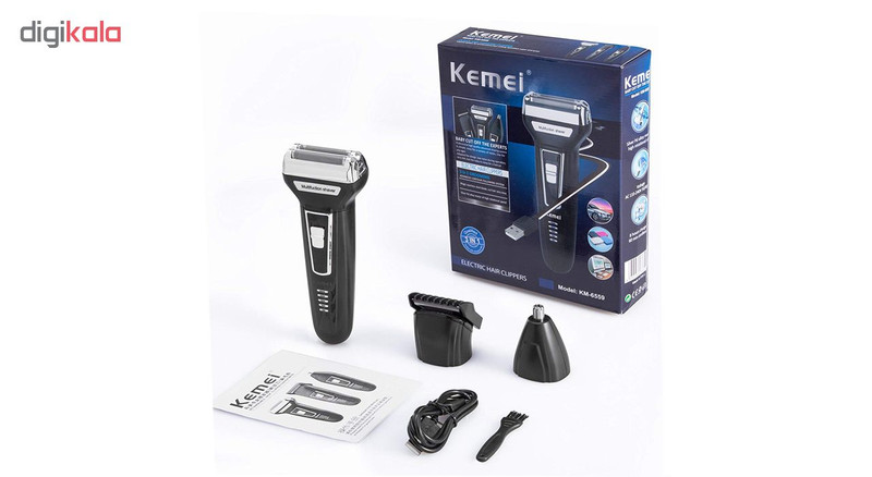 ماشین اصلاح موی صورت کیمی مدل KM-6559 با تیغه استیل ضد زنگ، اصلاح چرخشی، سه سری مخصوص صورت، سر و گوش بینی، شارژی با کابل USB، مدت زمان استفاده 60 دقیقه و طراحی ارگونومیک