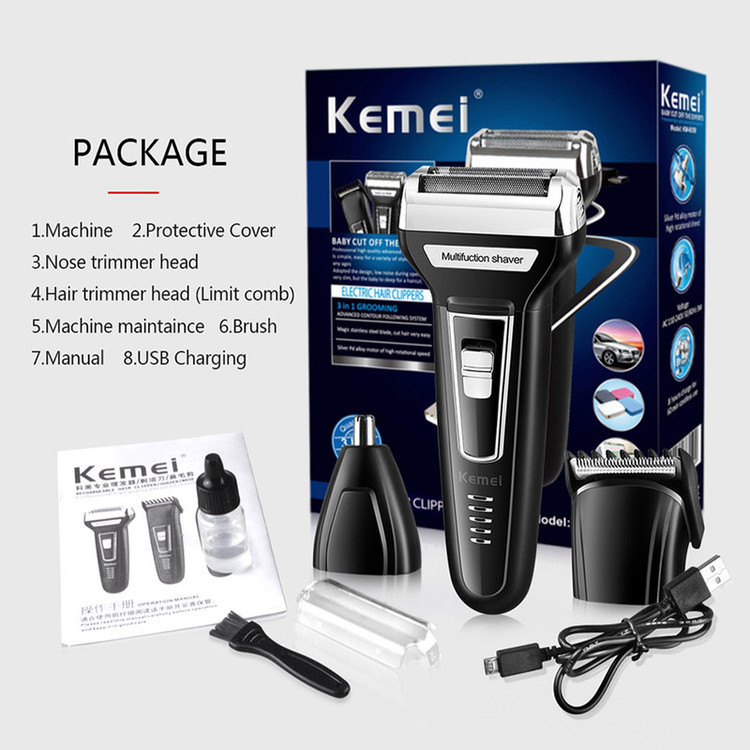ماشین اصلاح موی صورت کیمی مدل KM-6559 با تیغه استیل ضد زنگ، اصلاح چرخشی، سه سری مخصوص صورت، سر و گوش بینی، شارژی با کابل USB، مدت زمان استفاده 60 دقیقه و طراحی ارگونومیک