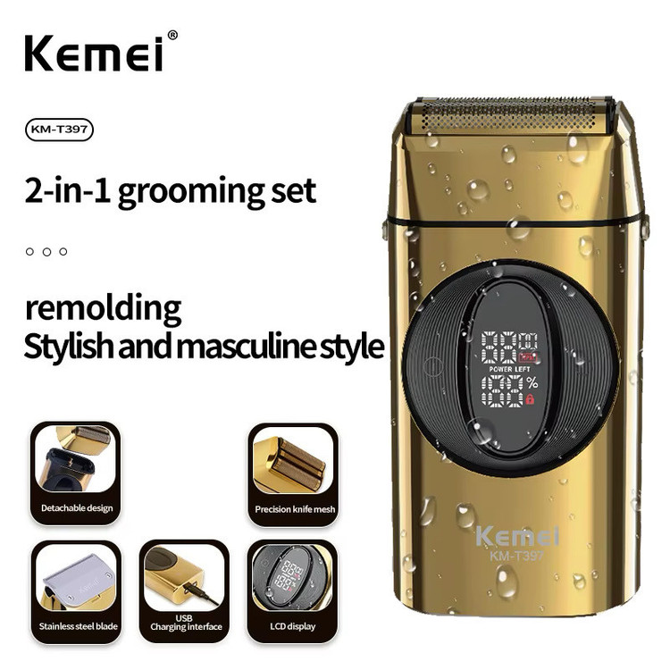ماشین اصلاح موی صورت شارژی کیمی مدل KM-T397 با تیغه استیل ضد زنگ، ضد التهاب، قابلیت اصلاح صفر و شانههای 3، 6، 9 و 12 میلیمتر، تنظیم سرعت در سه حالت، باتری لیتیوم یون با ظرفیت 1400 میلیآمپر ساعت، مقاوم در برابر آب و طراحی ارگونومیک