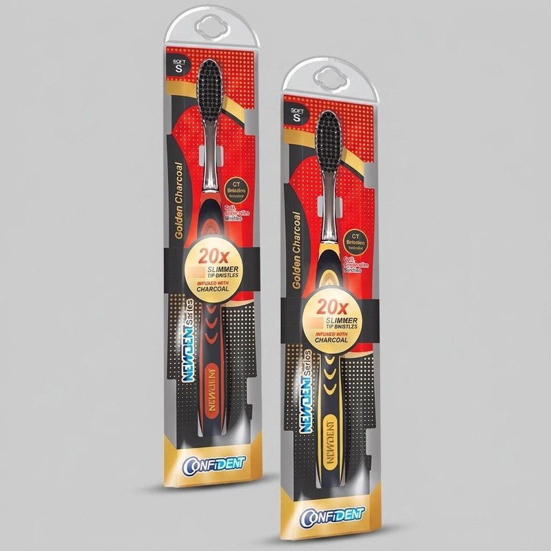مسواک کانفیدنت مدل Golden Charcoal با برس نرم مجموعه 2 عددی