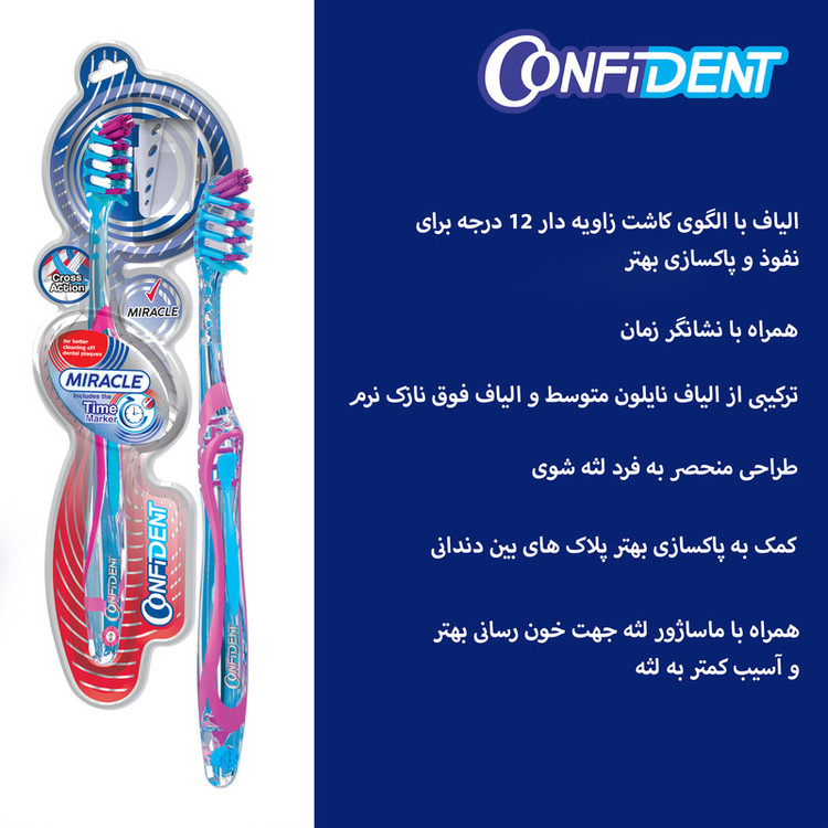 مسواک کانفیدنت مدل MIRACLE با برس متوسط بسته دو عددی