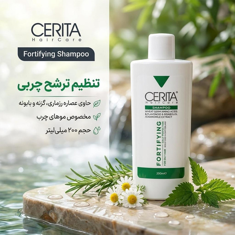 شامپو تقویتکننده مو سریتا مخصوص موهای چرب، حجم 200 میلیلیتر مدل Fortifying، تنظیم ترشح چربی با عصاره رزماری، گزنه و بابونه